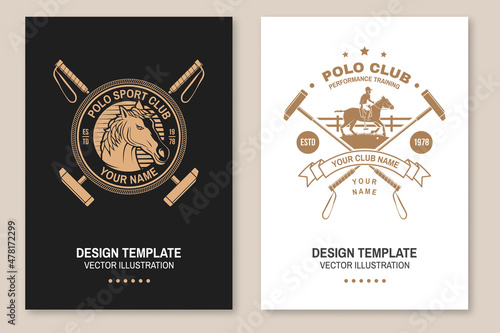 Set of Polo club sport badges, patches, emblems, logos. Vector illustration. Vintage monochrome equestrian label with rider and horse silhouettes. Concept for shirt or logo, print, stamp or tee.