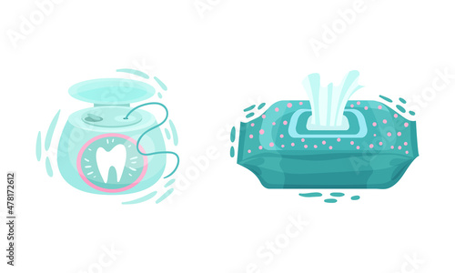 Dental Floss and Open Package with Wet Wipe and Tissue Vector Set
