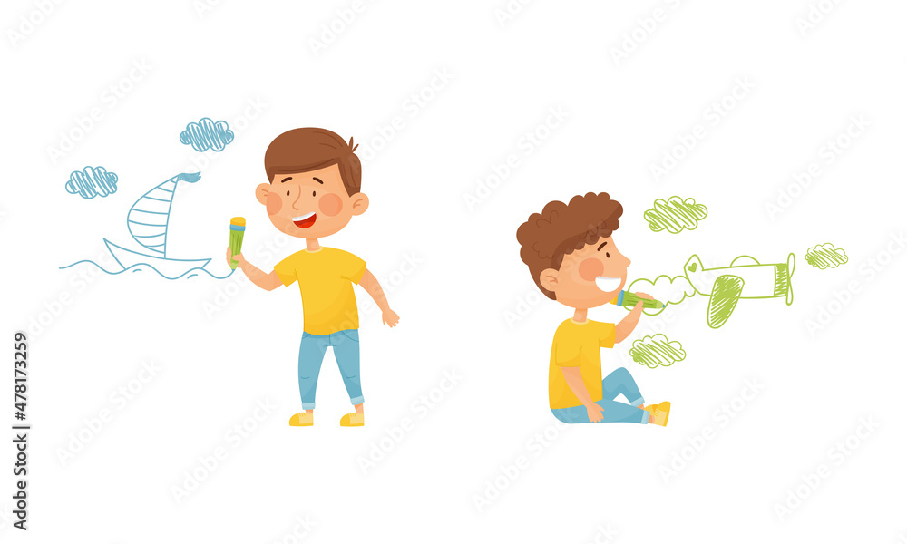 Cute Boy with Crayon Drawing Ship and Plane on the Wall Vector Set Cute Boy with Crayon Drawing Ship and Plane on the Wall Vector Set