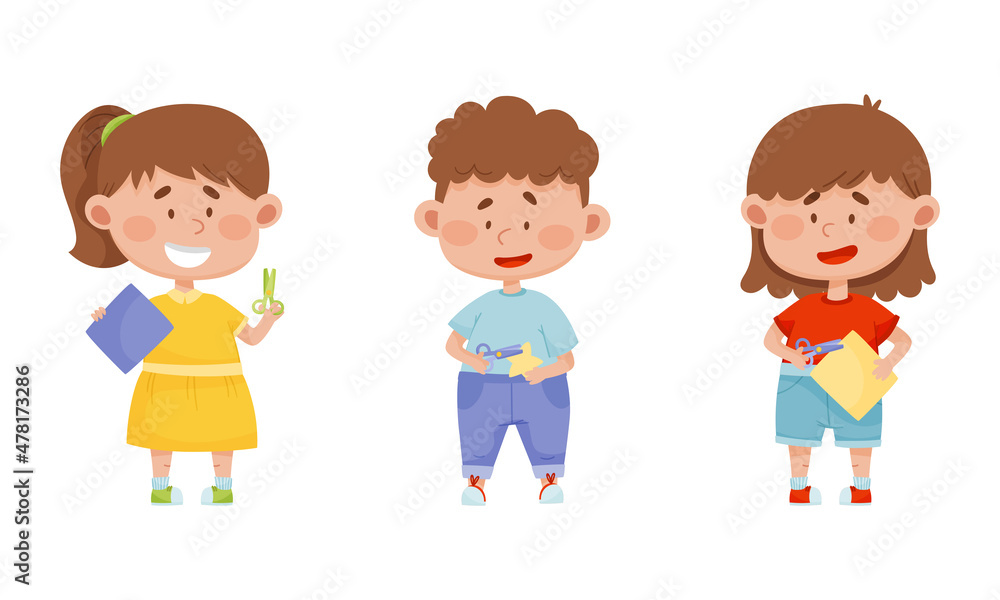 Smiling Boy and Girl with Scissors Cutting Paper for Applique and Craft Activity Vector Set Smiling Boy and Girl with Scissors Cutting Paper for Applique and Craft Activity Vector Set