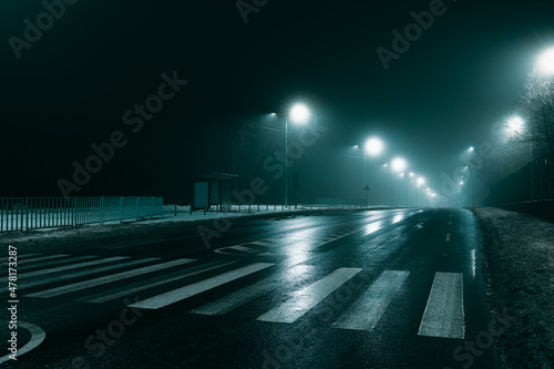 Night street at night in fog, winter photo