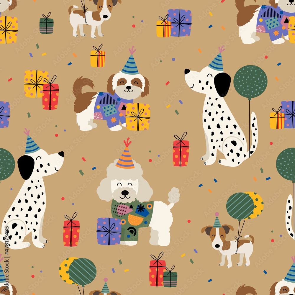 birthday seamless pattern with fun dogs and gifts birthday seamless pattern with fun dogs and gifts