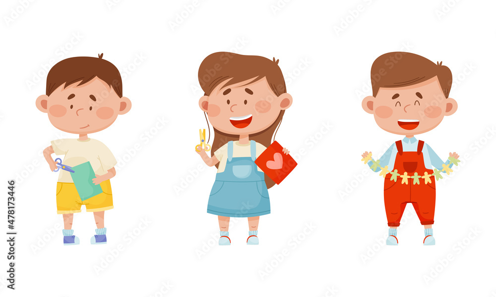 Smiling Boy and Girl with Scissors Cutting Paper for Applique and Craft Activity Vector Set Smiling Boy and Girl with Scissors Cutting Paper for Applique and Craft Activity Vector Set