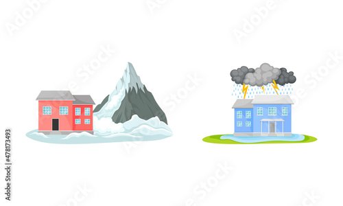 Natural Cataclysms with Avalanche or Snowglide and Thunderstorm Vector Set