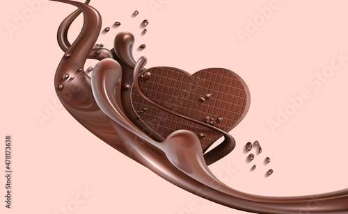 A bar of milk chocolate. Vector illustration of a chocolate bar in streams of molten chocolate with splashes. Clipart for creativity.