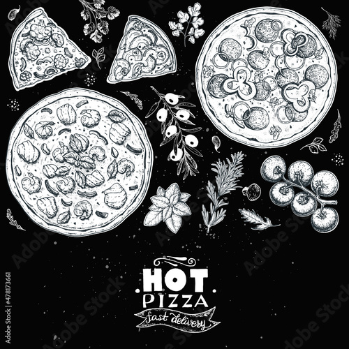 Italian pizza and ingredients top view frame. Italian food menu design template. Vintage hand drawn sketch, vector illustration. Engraved style illustration. Pizza label for menu.