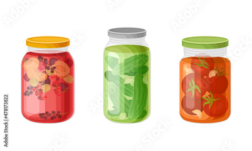 Closed Glass Jar with Preserved Food in Marinade Vector Set