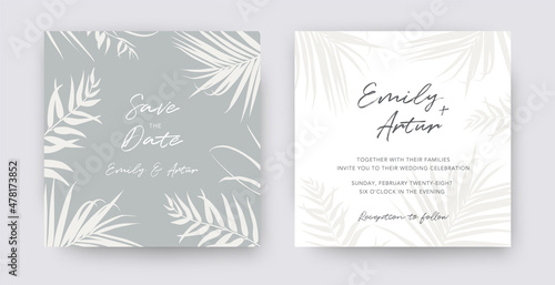 Light gray and white vector wedding invite, save the date card set. Hand drawn editable tropical palm leaves decorative border, frame. Modern, stylish design. Botanical, editable abstract illustration