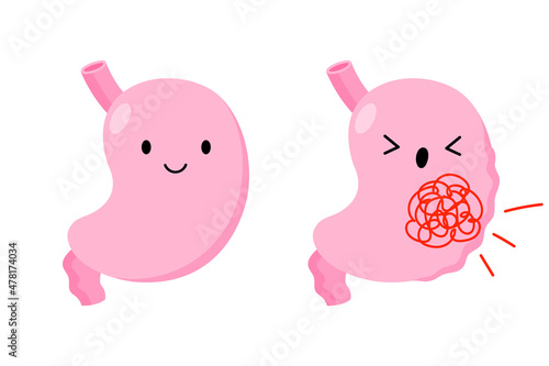 Stomach ache. Healthy and pain stomach. Cartoon spasm internal organs. Gastritis and inflammation. Improper diet, acid, infection. Stock vector illustration isolated on white background.