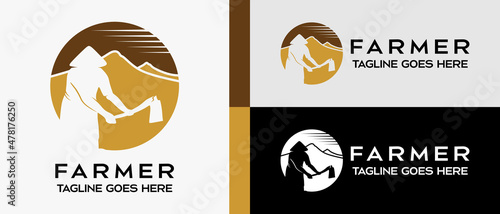 vintage logo design template, man hoeing and mountain icon with silhouette in circle. vector illustration