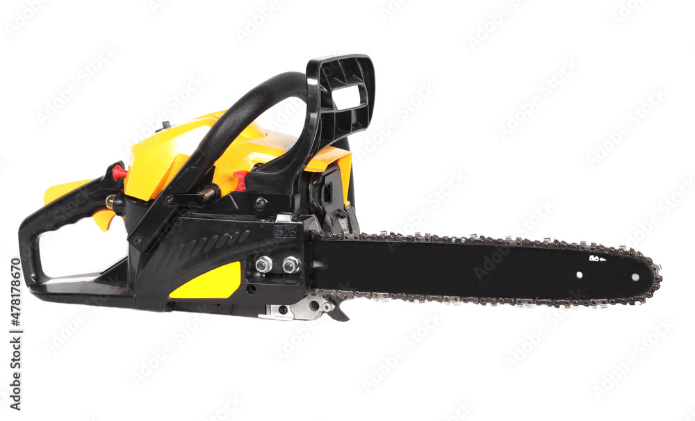 A petrol chainsaw isolated on a white background. A handy heavy duty yellow and black petrol chainsaw.