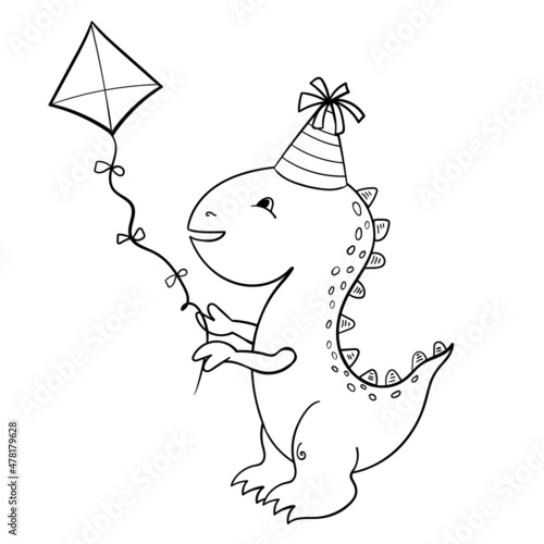 Dinosaurs Coloring art. Baby Dino in festival hat holds Kite, illustration cartoon style Page or Book for Kids and Adults