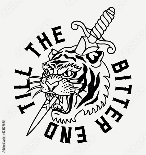Black and White Tiger with Dagger Tattoo Style Illustration with A Slogan Artwork on White Background for Apparel or Other Uses