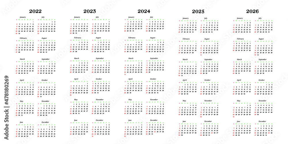 2022 2023 2024 2025 2026 calendar print template. Week starts Sunday