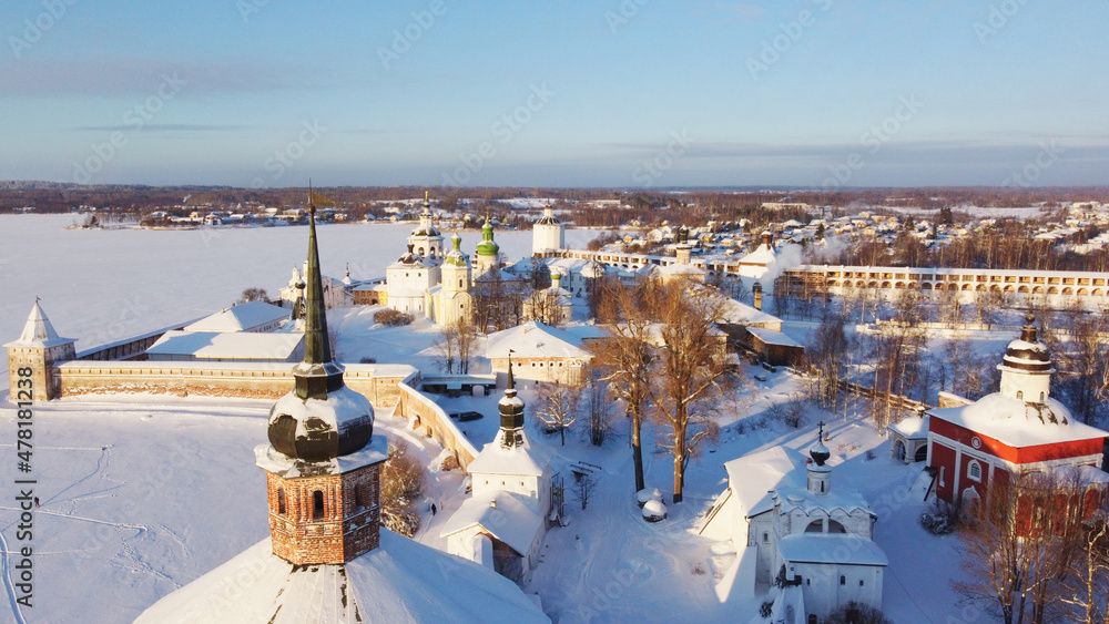 Wonderful winter landscape with a view of the ancient monastery, top view