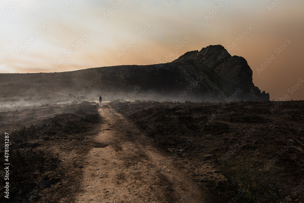 A man walking in the mountains after a wildfire 