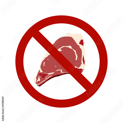 Vector illustration of a piece of raw meat on a white background under the forbidden sign of red