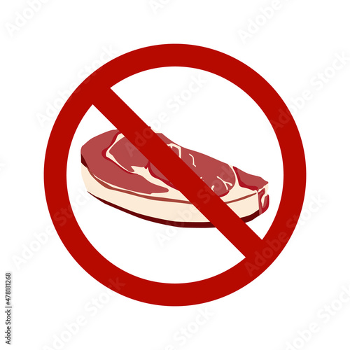 Vector illustration of a piece of raw meat on a white background under the forbidden sign of red