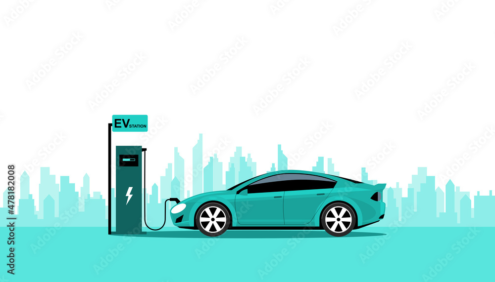Green energy technology concept. Electric car charge  battery in charging station. vector illustration design.