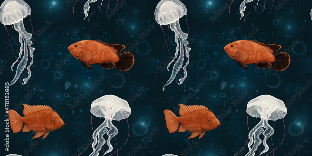 Dark ocean seamless pattern. Fish and jellyfish in the blue sea ...