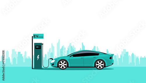 Green energy technology concept. Electric car charge  battery in charging station. vector illustration design.