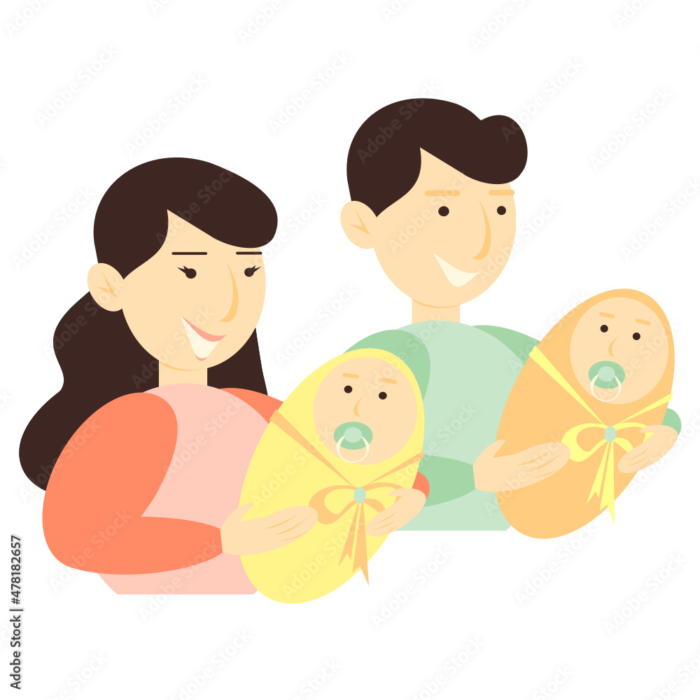 Vector illustration of a young family with two children in their arms. Happy loving family. Isolated Vector illustration of a young family with two children in their arms. Happy loving family. Isolated