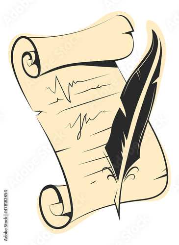 Paper scroll with quill. Vintage writing symbol