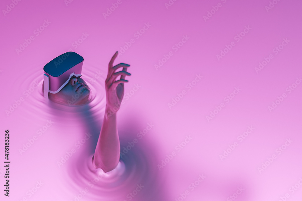 surreal girl with VR glasses immersed in liquid surreal girl with VR glasses immersed in liquid