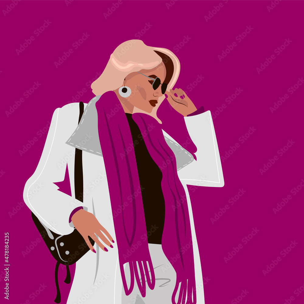 Stylish fashionable girl posing. Fashion postcard. Blonde with sunglasses and accessories. White coat and women's backpack or bag. Vector stock illustration. Stylization Stylish fashionable girl posing. Fashion postcard. Blonde with sunglasses and accessories. White coat and women's backpack or bag. Vector stock illustration. Stylization