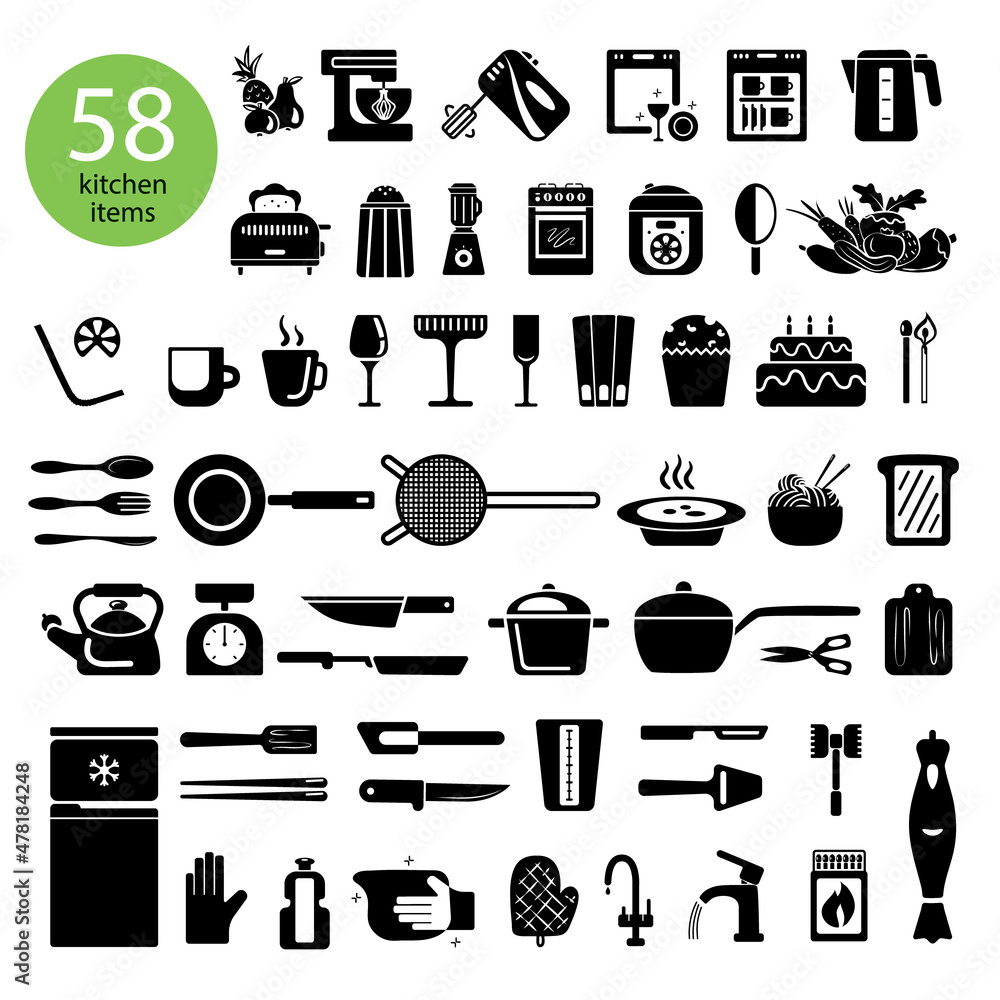 household appliances and individual household items set. Everything for the  kitchen Vector hand drawn stock illustration White background Dishes,  Glasses, cutlery, refrigerator, multicooker, blender, Stock Vector