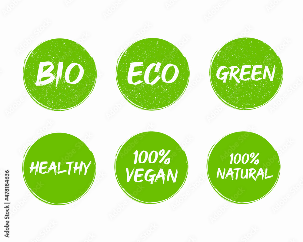 Collection of Bio, Eco, Green, Healthy, 100% Vegan, 100% Natural Label Stamp Collection of Bio, Eco, Green, Healthy, 100% Vegan, 100% Natural Label Stamp