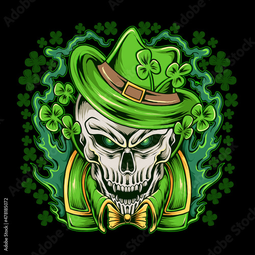 St. Patrick's day with skull image wearing a green jacket and hat with clover leaves