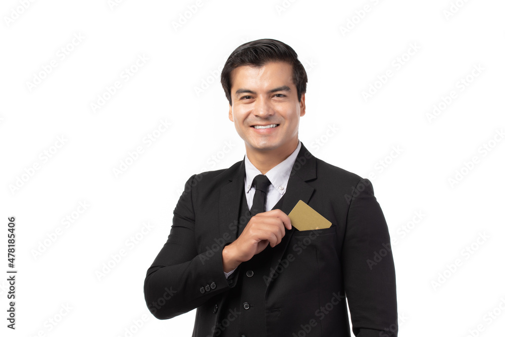 Handsome business man in black suit put or take out credit card in pocket isolated on white background. Business, technology, ecommerce and online payment concept. Handsome business man in black suit put or take out credit card in pocket isolated on white background. Business, technology, ecommerce and online payment concept.