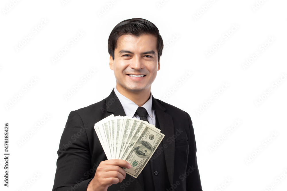Business man in black suit holding money isolated on white background. Concept of finance success. Copy space. Business man in black suit holding money isolated on white background. Concept of finance success. Copy space.