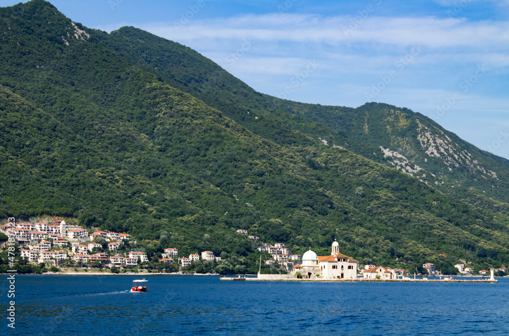 Panoramic view of island and church of the Mother of god. Perast. Montenegro.