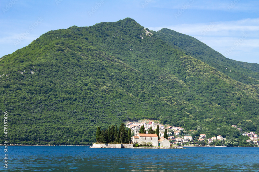 Panoramic view of the island and sea on the sunny day. Perast. Montenegro.