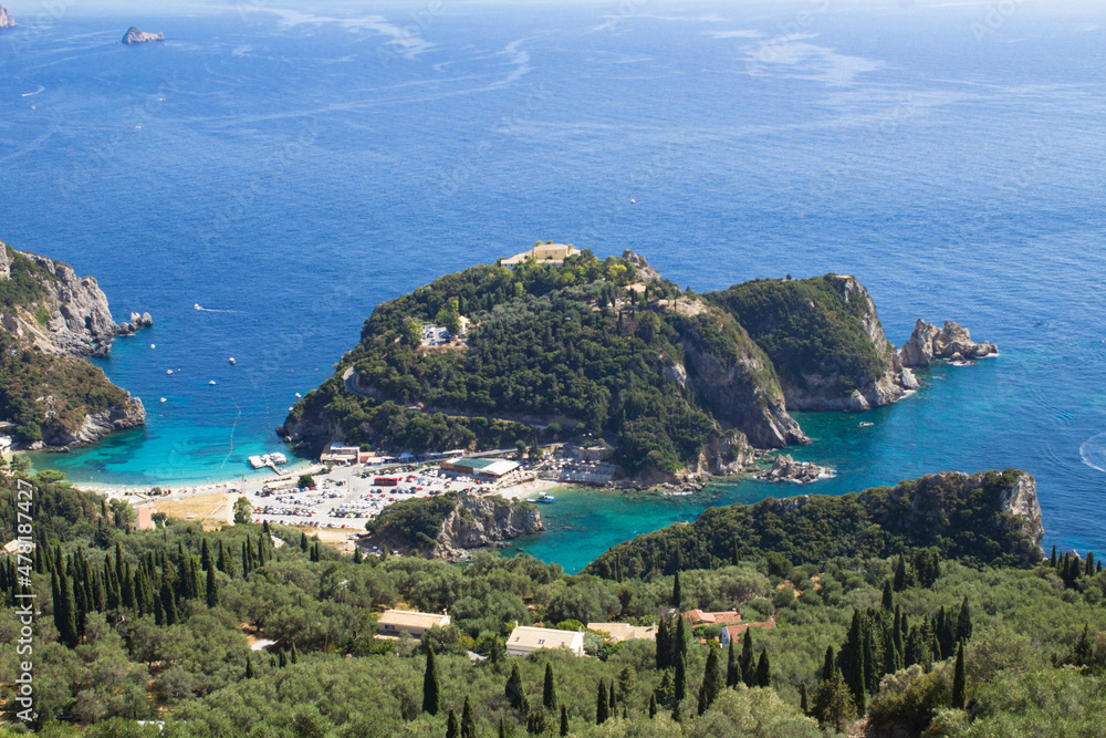 Panoramic view of the sea and coast on the summer day. Corfu. Greece.