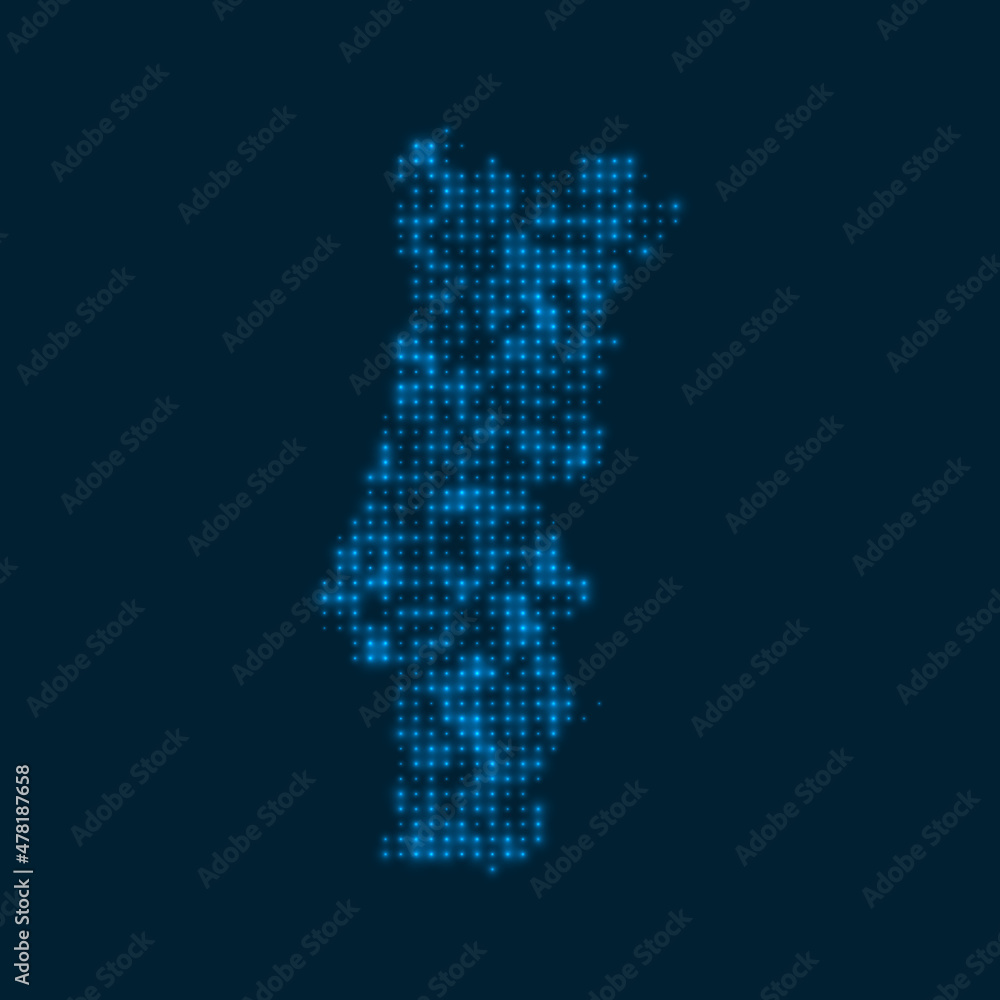 Portugal dotted glowing map. Shape of the country with blue bright bulbs. Vector illustration.