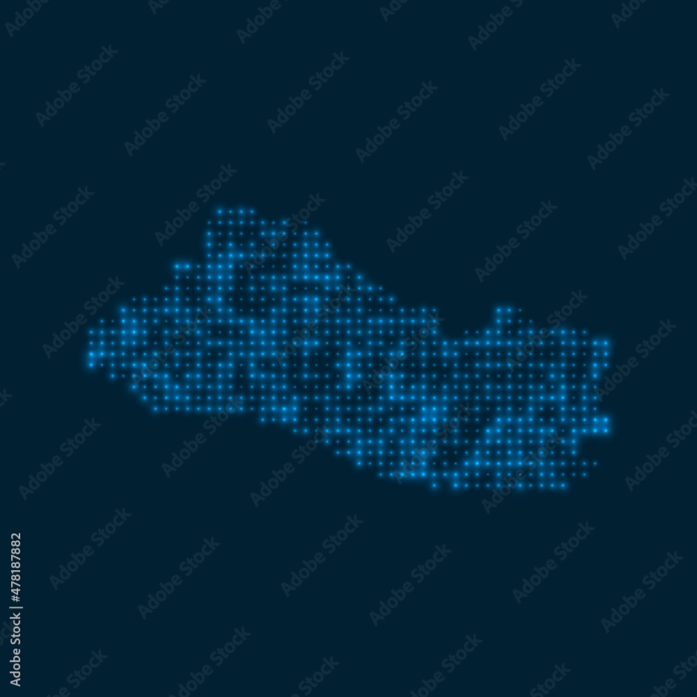 Republic of El Salvador dotted glowing map. Shape of the country with blue bright bulbs. Vector illustration.