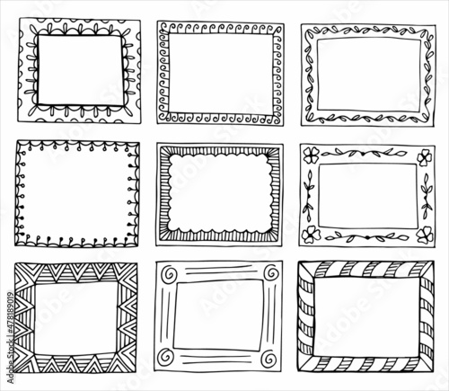Set of rectangular frames in hand drawn doodle style