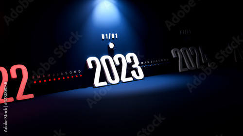 frise avec date 2023 éclairée sur fond bleu
