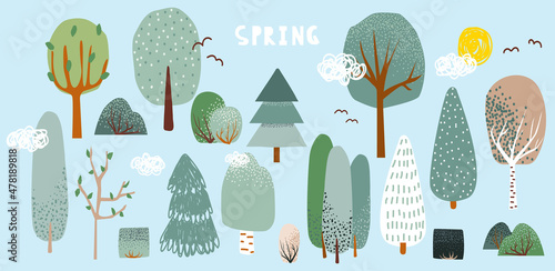 Fototapeta Naklejka Na Ścianę i Meble -  Set of spring, summer cartoon trees. Nature clip art. Vector hand drawn illustration.