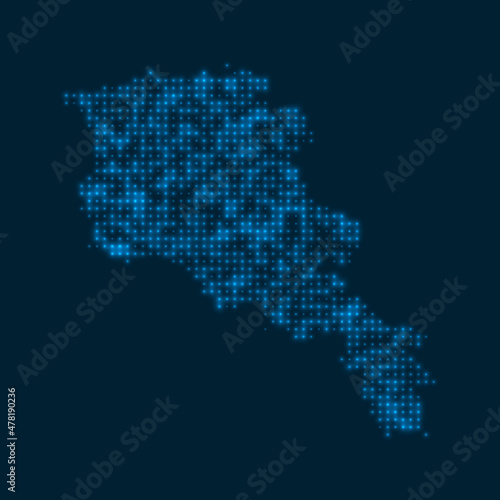Armenia dotted glowing map. Shape of the country with blue bright bulbs. Vector illustration.