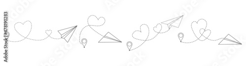 Flying paper airplane with dotted air route and map pointer.Paper planes with a hearts.Valentines Day.Love travel route.Airplane line path icon .Heart shaped dotted line.Line vector icon.