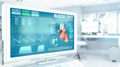 blood sample test on monitor in hi-tech hospital room . creative industrial 3D rendering