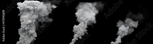 3 white defilement smoke columns from fuel oil power plant on black, isolated - industrial 3D illustration