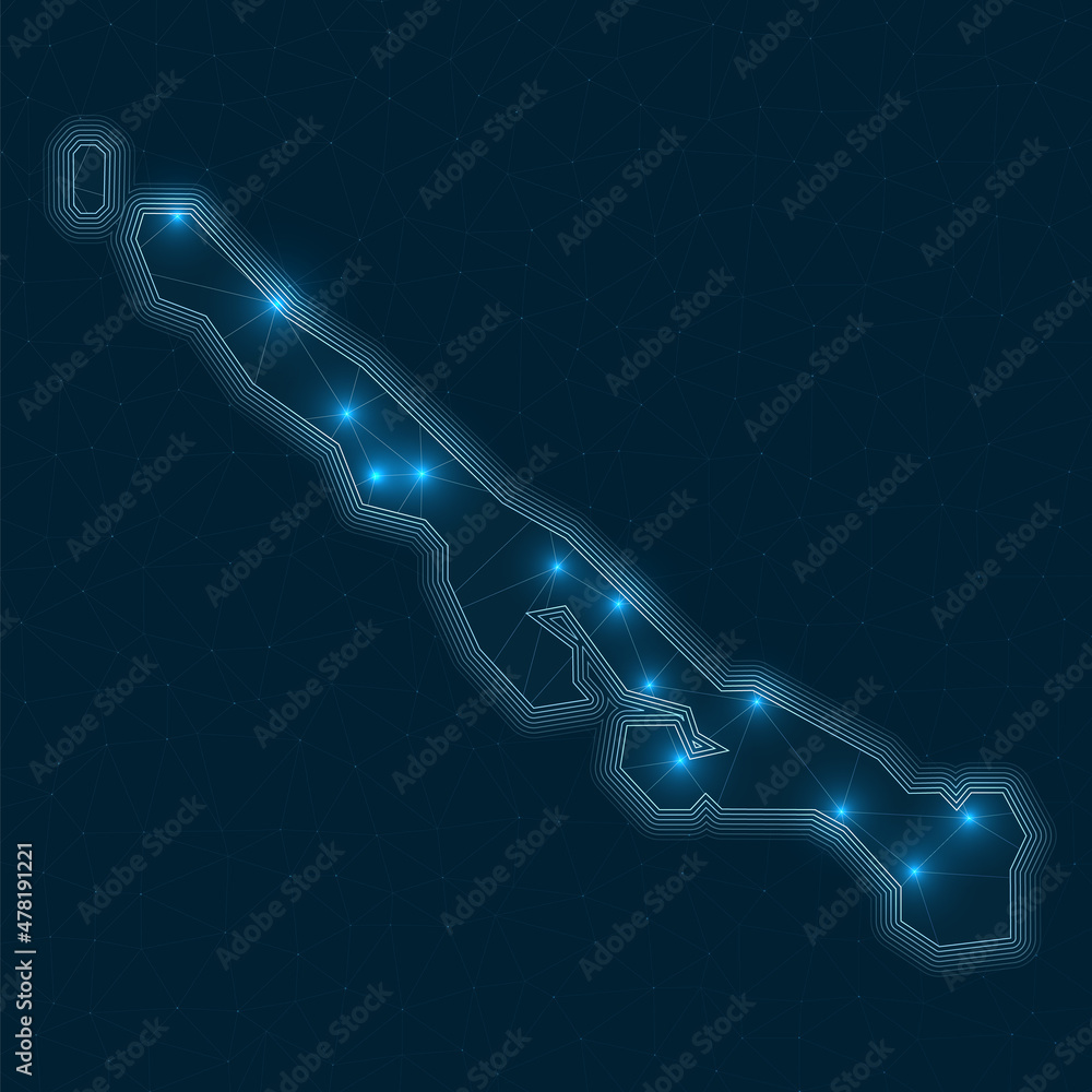 Stocking Island network map. Abstract geometric map of the island. Digital connections and telecommunication design. Glowing internet network. Authentic vector illustration. Stocking Island network map. Abstract geometric map of the island. Digital connections and telecommunication design. Glowing internet network. Authentic vector illustration.