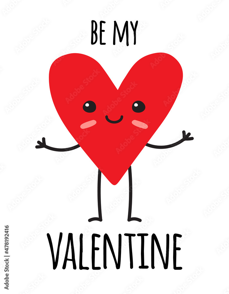 Vector hand drawn doodle heart with be my Valentine text isolated on white background
