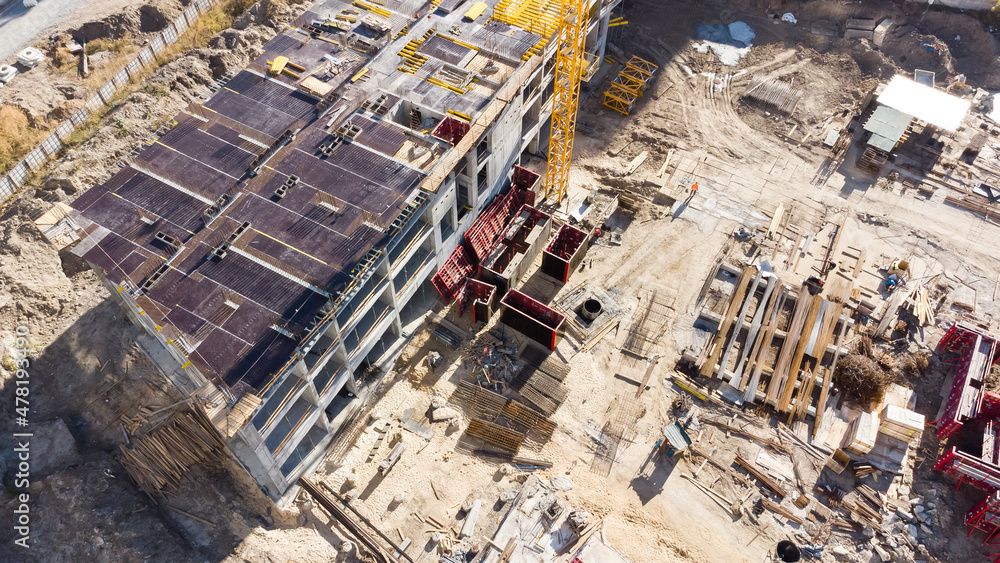 construction site, buildings with cranes.