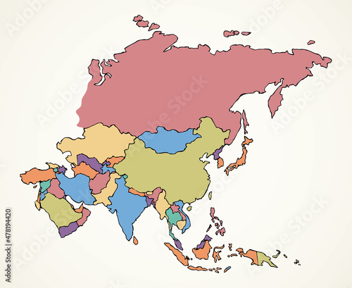 Asia. Continent with the contours of the countries. Vector drawing